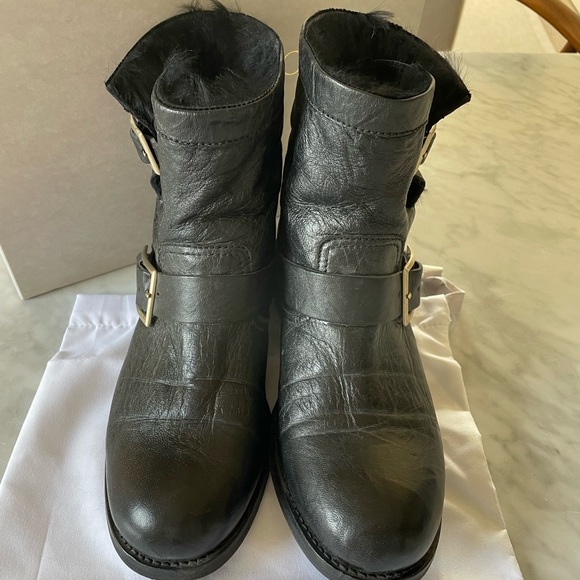 JIMMY CHOO Black Leather Combat Fur Lined Biker Boots 37 Worn Twice! - Picture 2 of 7